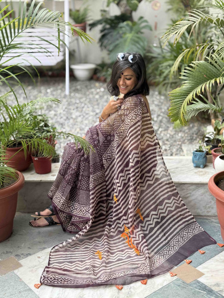 CHERRY HAND BLOCK PRINT EMBROIDERED COTTON KOTA SARI