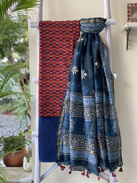 MAROON-INDIGO COTTON CHANDERI DUPATTA SET