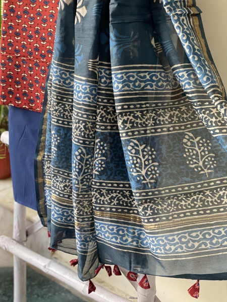 MAROON-INDIGO COTTON CHANDERI DUPATTA SET