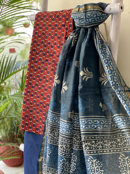 MAROON-INDIGO COTTON CHANDERI DUPATTA SET