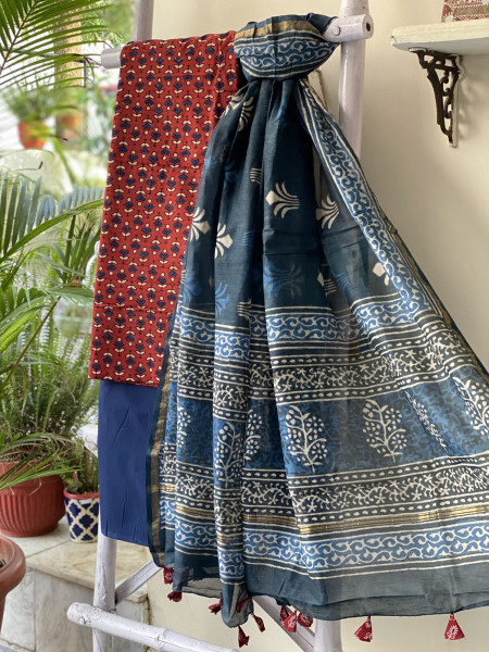 MAROON-INDIGO COTTON CHANDERI DUPATTA SET
