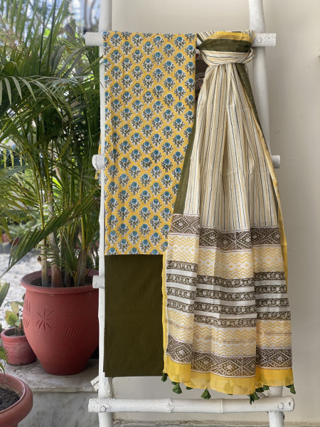 YELLOW-OFF WHITE COTTON CHANDERI DUPATTA SET