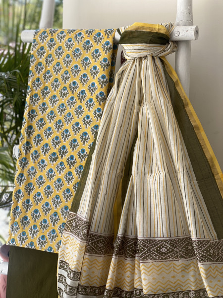 YELLOW-OFF WHITE COTTON CHANDERI DUPATTA SET