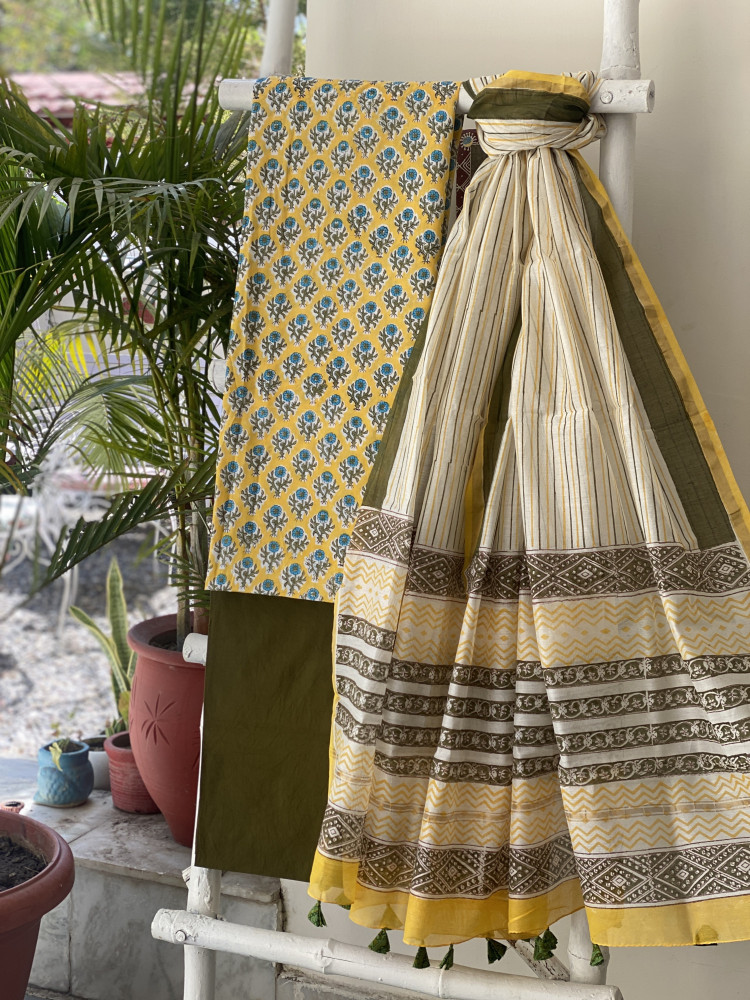 Image of YELLOW-OFF WHITE COTTON CHANDERI DUPATTA SET
