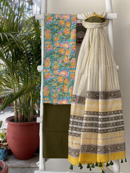 AQUA-OFF WHITE COTTON CHANDERI DUPATTA SET