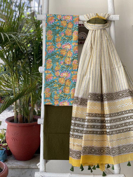 AQUA-OFF WHITE COTTON CHANDERI DUPATTA SET