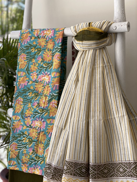 AQUA-OFF WHITE COTTON CHANDERI DUPATTA SET