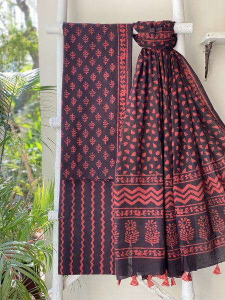 MAROON-BROWN HAND BLOCK PRINT MUL COTTON DUPATTA SET