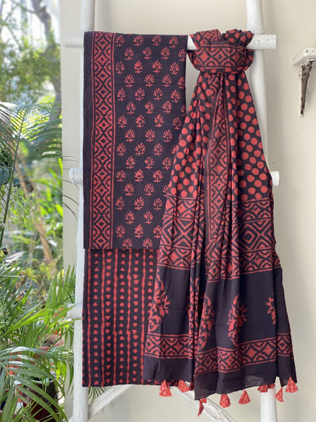 MAROON-BROWN HAND BLOCK PRINT MUL COTTON DUPATTA SET