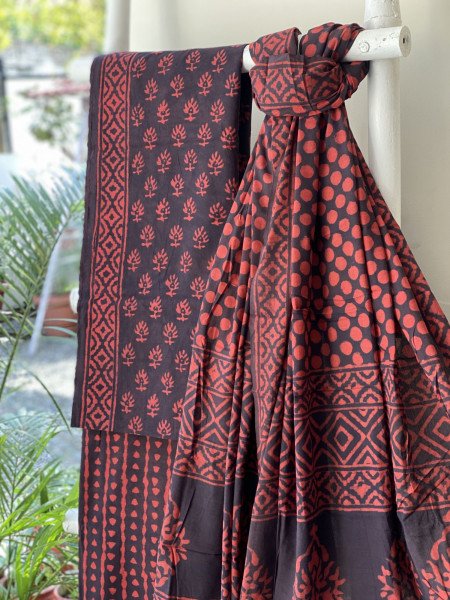 MAROON-BROWN HAND BLOCK PRINT MUL COTTON DUPATTA SET