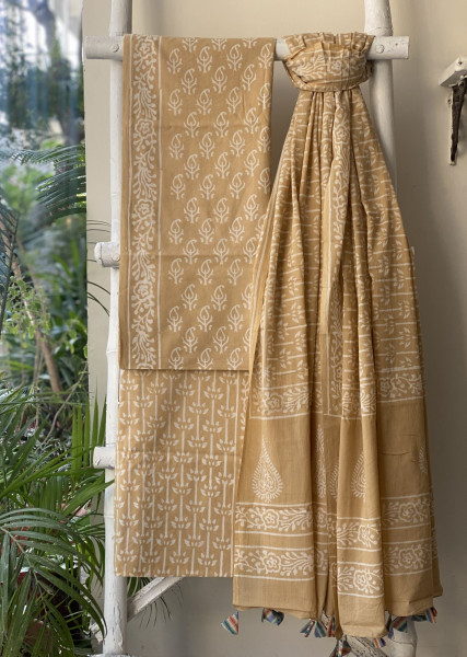 BEIGE HAND BLOCK PRINT MUL COTTON DUPATTA SET