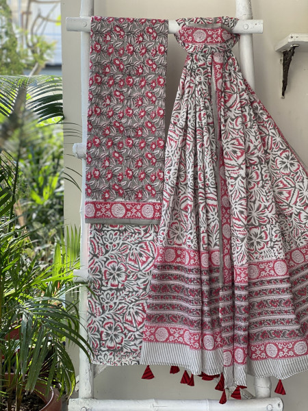 GREY-OFF WHITE HAND BLOCK PRINT MUL COTTON DUPATTA SET