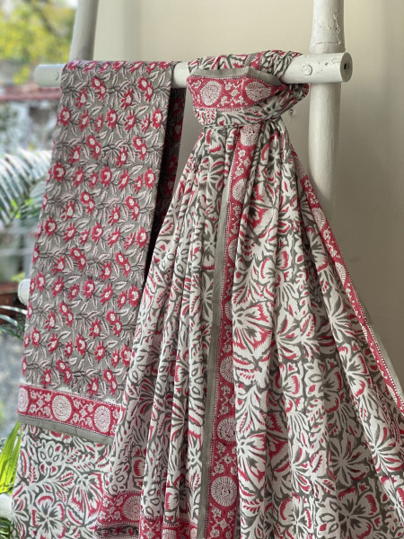 GREY-OFF WHITE HAND BLOCK PRINT MUL COTTON DUPATTA SET