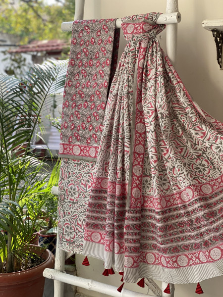 GREY-OFF WHITE HAND BLOCK PRINT MUL COTTON DUPATTA SET