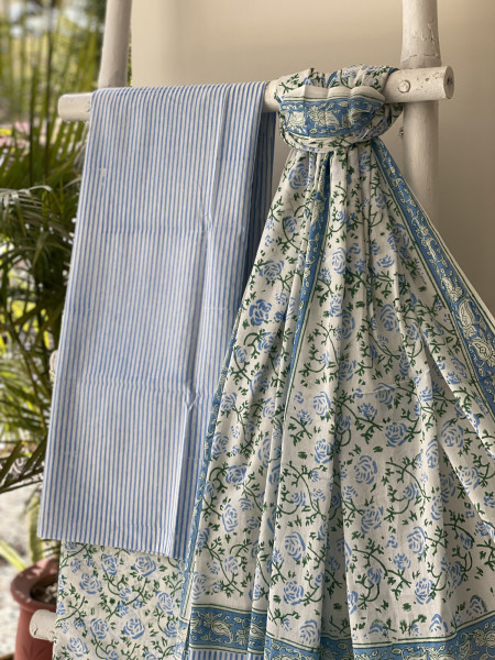 BLUE-OFF WHITE HAND BLOCK PRINT MUL COTTON DUPATTA SET