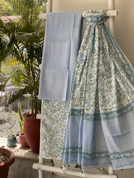 BLUE-OFF WHITE HAND BLOCK PRINT MUL COTTON DUPATTA SET
