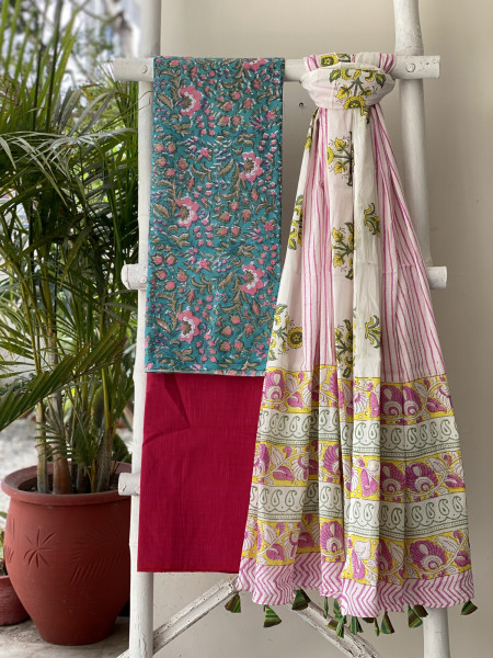 AQUA AND OFF WHITE HAND BLOCK PRINT MUL COTTON DUPATTA SET