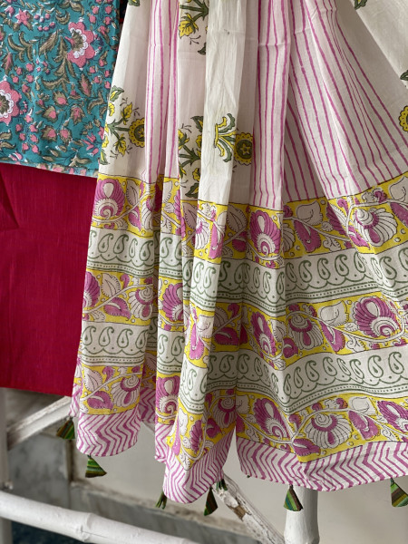 AQUA AND OFF WHITE HAND BLOCK PRINT MUL COTTON DUPATTA SET