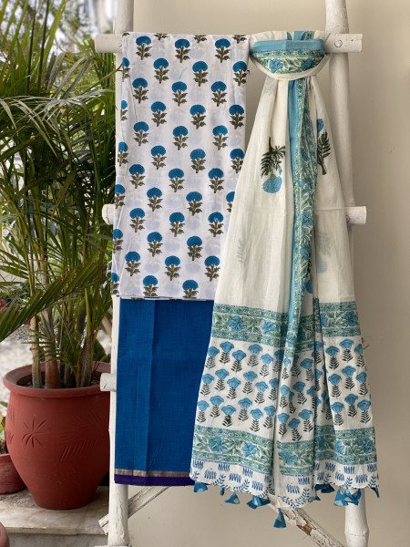 OFF WHITE-BLUE  HAND BLOCK PRINT MUL COTTON DUPATTA SET