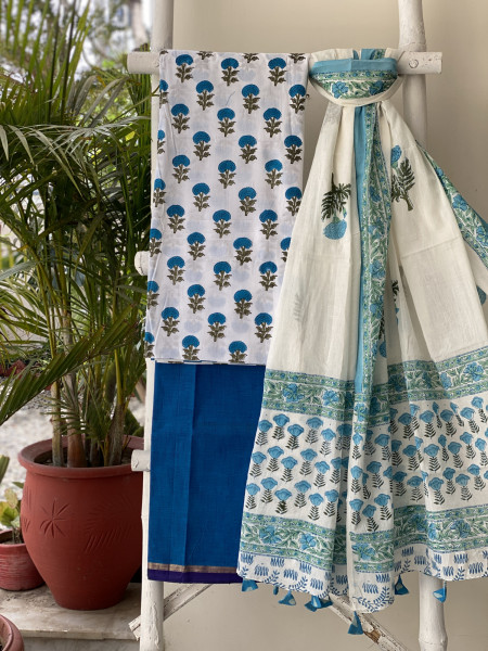 OFF WHITE-BLUE  HAND BLOCK PRINT MUL COTTON DUPATTA SET