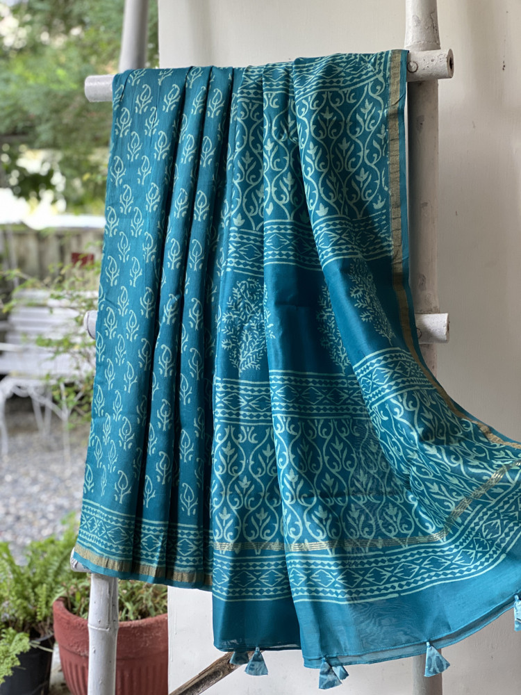 Image of TEAL HAND BLOCK PRINT CHANDERI SILK COTTON SARI