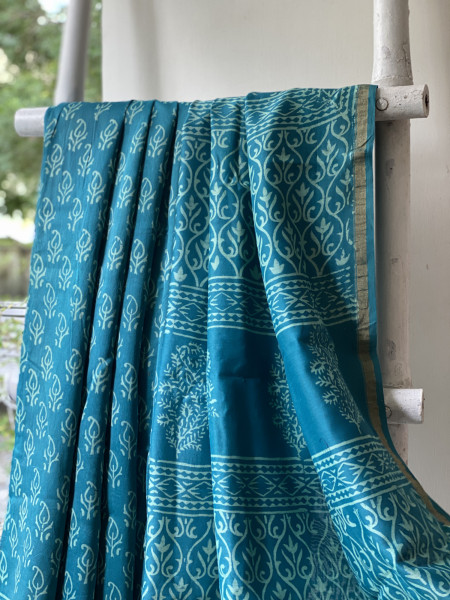 TEAL HAND BLOCK PRINT CHANDERI SILK COTTON SARI