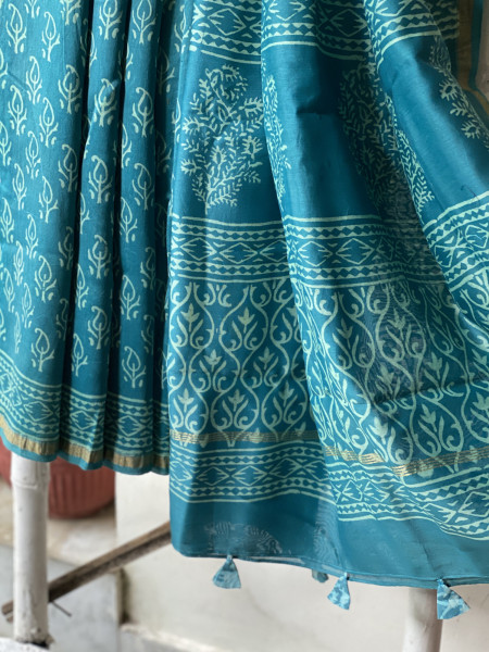 TEAL HAND BLOCK PRINT CHANDERI SILK COTTON SARI