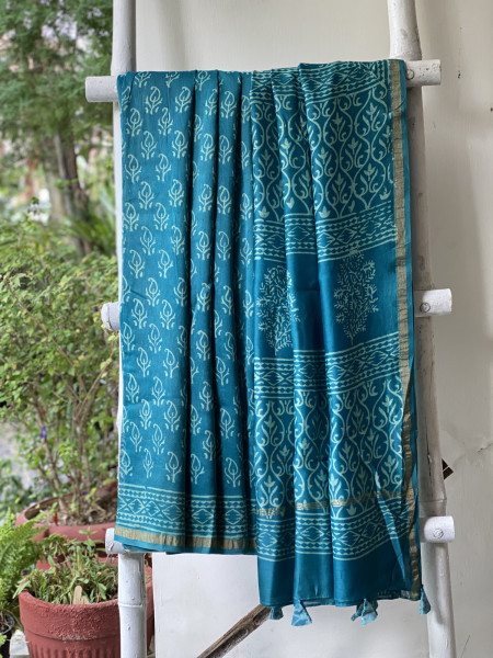 TEAL HAND BLOCK PRINT CHANDERI SILK COTTON SARI