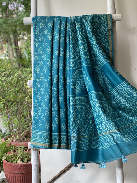 TEAL HAND BLOCK PRINT CHANDERI SILK COTTON SARI