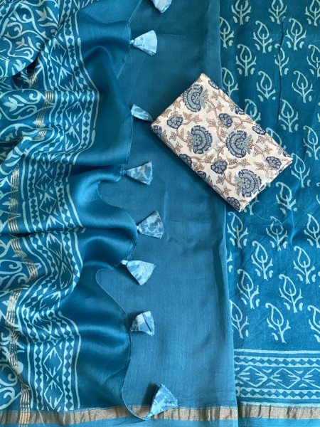 TEAL HAND BLOCK PRINT CHANDERI SILK COTTON SARI