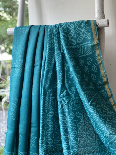 TEAL HAND BLOCK PRINT CHANDERI SILK COTTON SARI