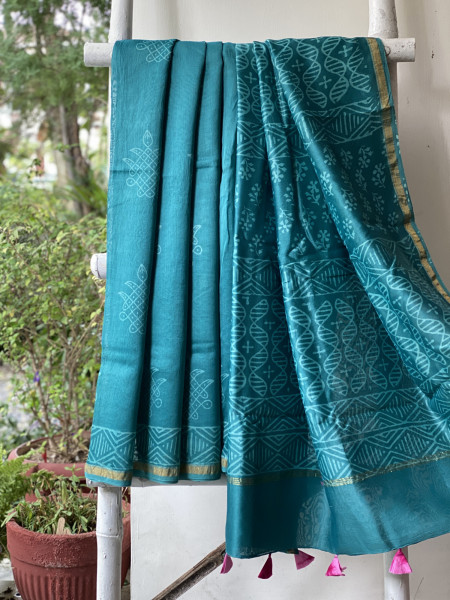 TEAL HAND BLOCK PRINT CHANDERI SILK COTTON SARI
