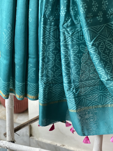 TEAL HAND BLOCK PRINT CHANDERI SILK COTTON SARI