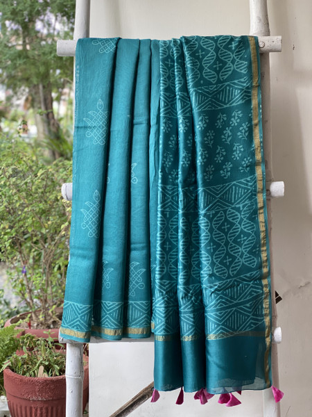 TEAL HAND BLOCK PRINT CHANDERI SILK COTTON SARI