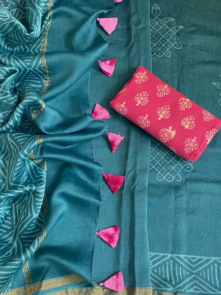 TEAL HAND BLOCK PRINT CHANDERI SILK COTTON SARI
