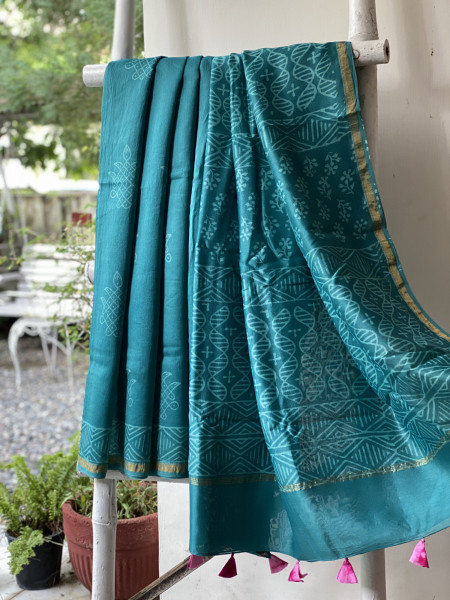 TEAL HAND BLOCK PRINT CHANDERI SILK COTTON SARI