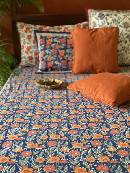 NAVY BLUE COTTON HAND BLOCK PRINT double BEDSHEET