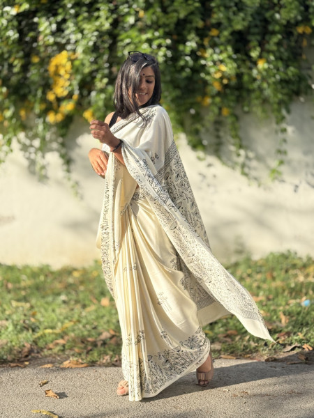 OFF WHITE-BLACK MODAL SILK AJRAKH BLOCK PRINT SARI