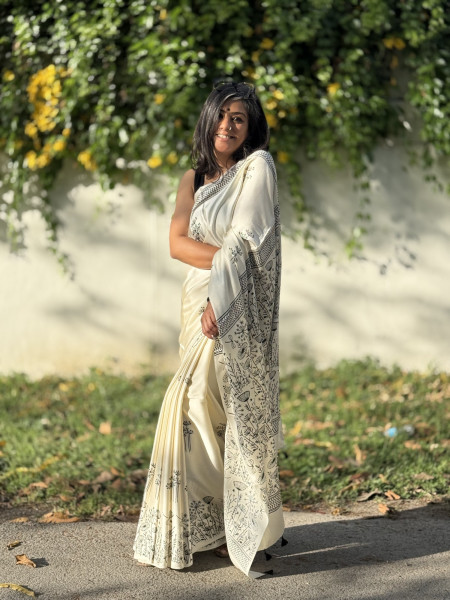 OFF WHITE-BLACK MODAL SILK AJRAKH BLOCK PRINT SARI