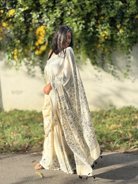 OFF WHITE-BLACK MODAL SILK AJRAKH BLOCK PRINT SARI