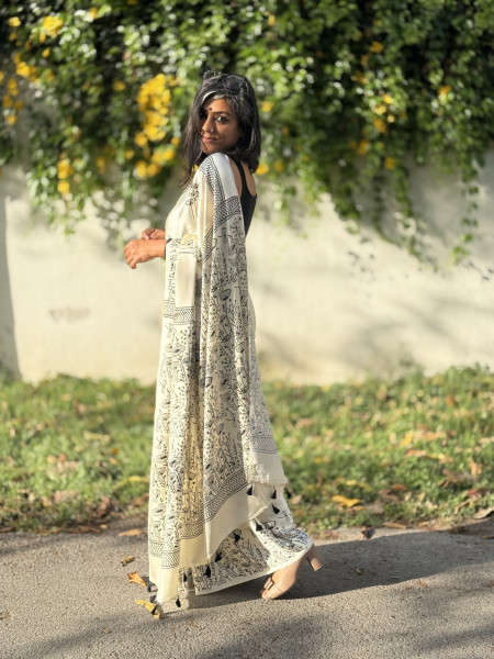 OFF WHITE-BLACK MODAL SILK AJRAKH BLOCK PRINT SARI