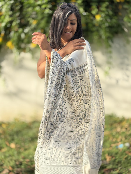 OFF WHITE-BLACK MODAL SILK AJRAKH BLOCK PRINT SARI