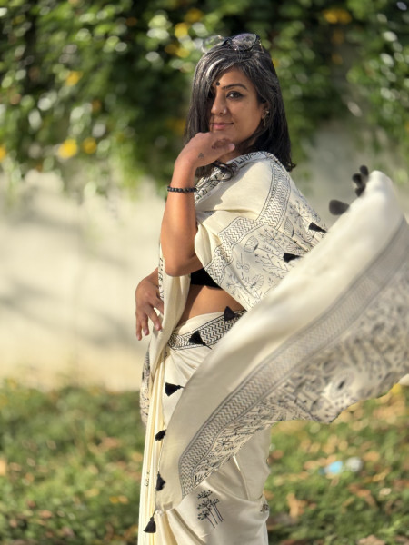 OFF WHITE-BLACK MODAL SILK AJRAKH BLOCK PRINT SARI