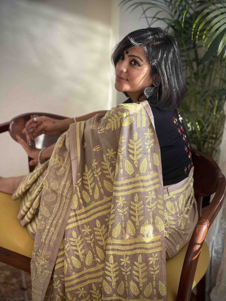 BROWN & LEMON  KANTHA HAND EMBROIDERED MUGA SILK SARI