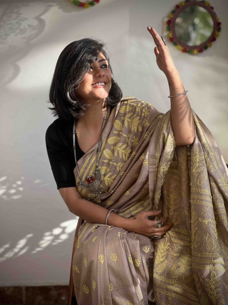 BROWN & LEMON  KANTHA HAND EMBROIDERED MUGA SILK SARI