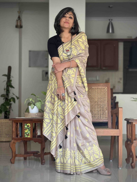 BROWN & LEMON  KANTHA HAND EMBROIDERED MUGA SILK SARI