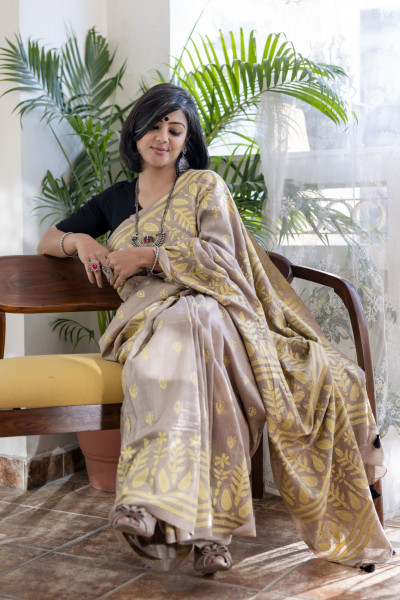 BROWN & LEMON  KANTHA HAND EMBROIDERED MUGA SILK SARI