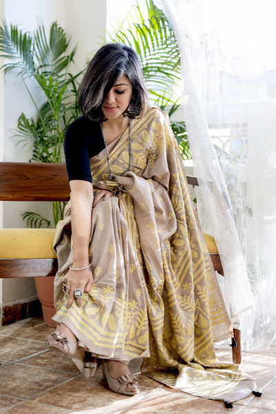 BROWN & LEMON  KANTHA HAND EMBROIDERED MUGA SILK SARI