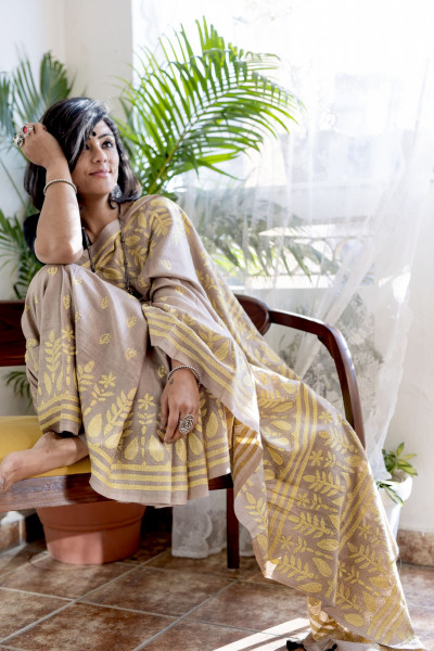 BROWN & LEMON  KANTHA HAND EMBROIDERED MUGA SILK SARI