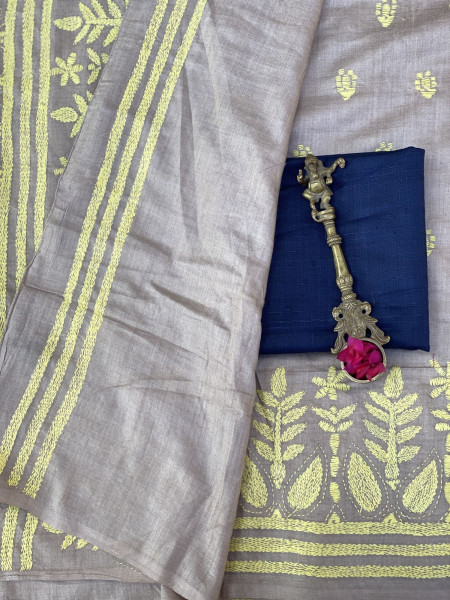 BROWN & LEMON  KANTHA HAND EMBROIDERED MUGA SILK SARI